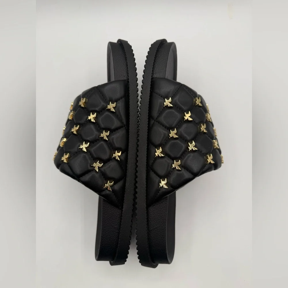 She Is Cheval Black Quilted Slide Sandals W/Gold Accents Comfort Designer Style - Picture 13 of 17